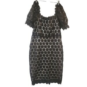 Black Floral Crochet Lace Puff Midi Sheath Dress XL Square Neck Cocktail NEW